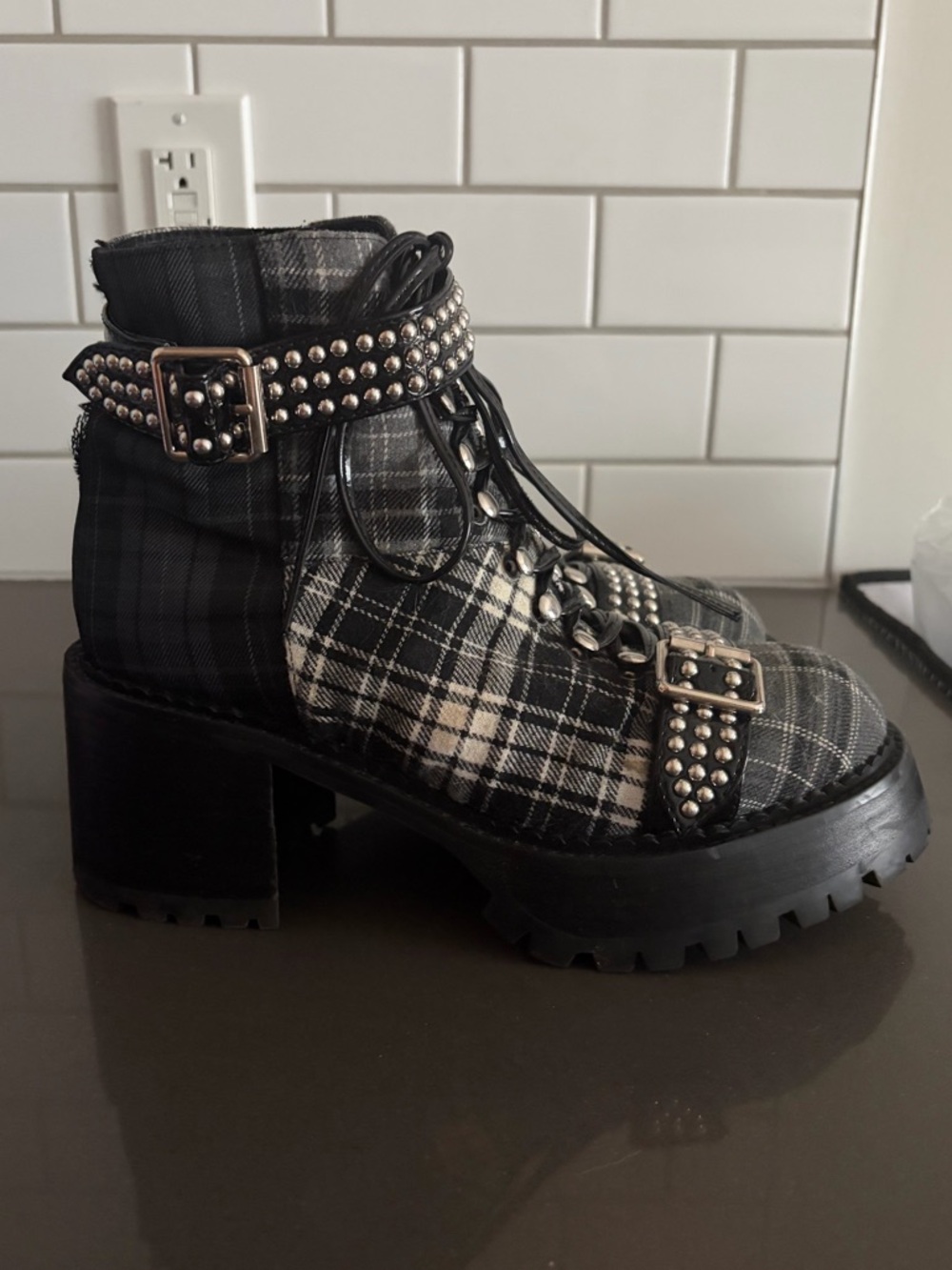 Jeffrey Campbell Helter Black/Grey Plaid Combat Boots - Picture 7 of 14